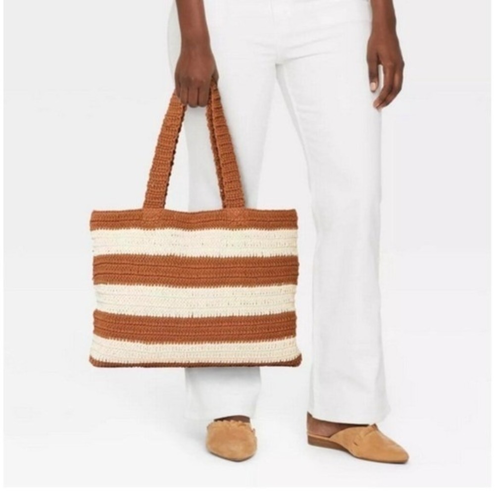 Striped Crochet Tote‎ Bag Brown Cream Casual Beach Shoulder Bag